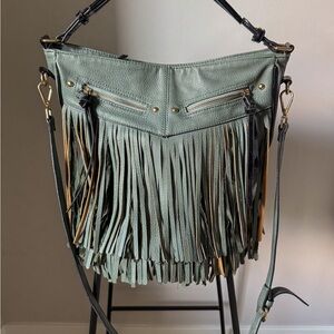 Lawless + Sunset Green Fringe Faux Leather Shoulder Bag
